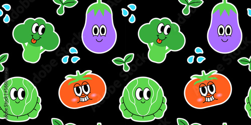 Happy vegetable seamless pattern in trendy vintage cartoon style. Retro cooking ingredient, vegetarian background illustration with funny healthy food stickers.