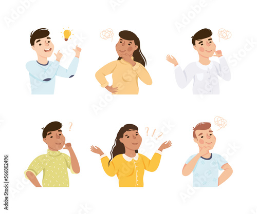Thoughtful Male and Female Thinking and Figuring Something out Half Length Vector Illustration Set