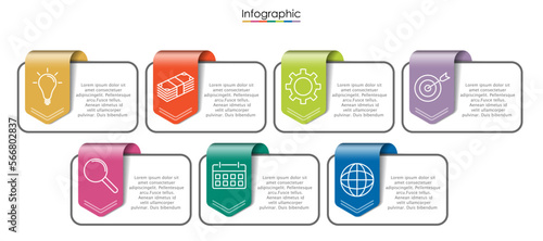 Vector infographic template with seven steps or options. Illustration presentation with line elements icons.  Business concept design can be used for web, brochure, diagram, chart or banner layout.