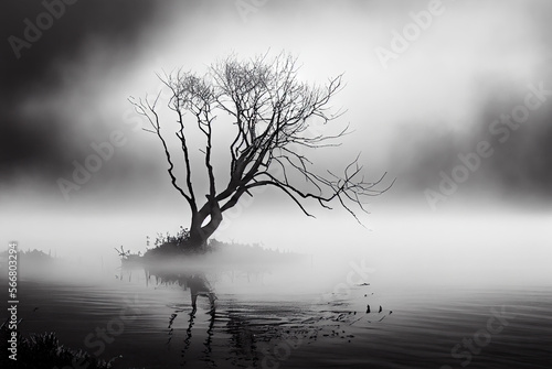 Misty morning with tree by the lake created with AI © thejokercze