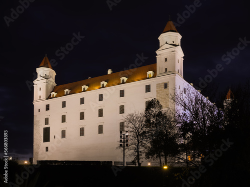 Night view on Bratislava Castle on hills of city in Slovakia.