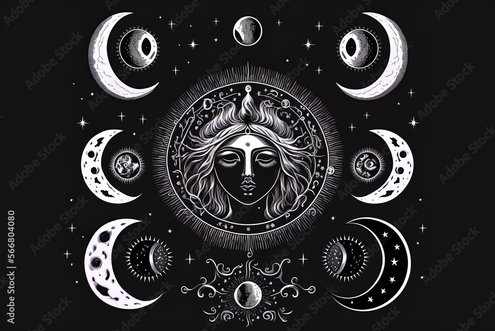 Lunar astrology astronomical signs a mysterious black and white graphic ...