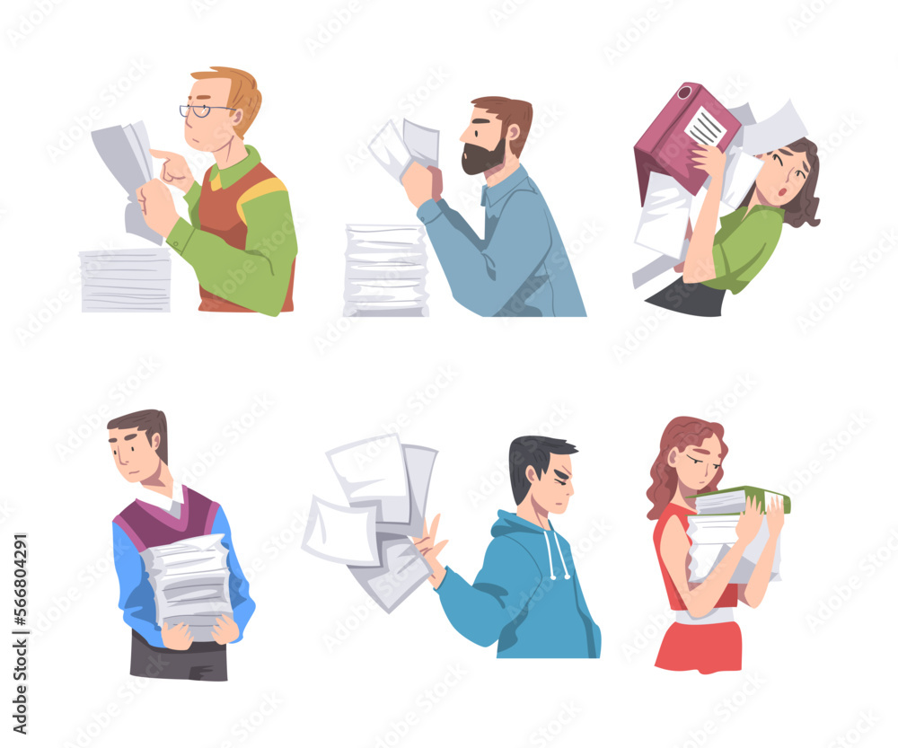 People Characters with Pile of Papers and Files as Correspondence Administration Vector Illustration Set People Characters with Pile of Papers and Files as Correspondence Administration Vector Illustration Set