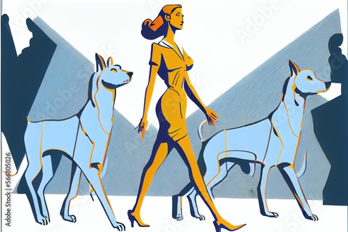 Generative AI illustration of a woman walking two dogs  Funny multitasking.