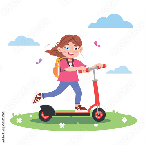 Vector illustration of a girl riding a scooter. Cartoon scene of a smiling girl with a briefcase riding a scooter with butterflies on a walk isolated on a white background.