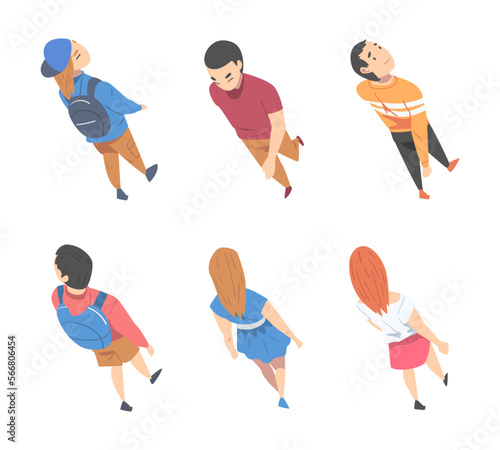 Top View on Going and Walking People Characters Vector Illustration Set