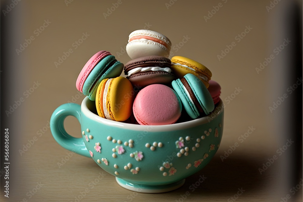 a tea cup filled with lots of different colored macaroons and cookies on top of a wooden table next to a window sill. generative ai a tea cup filled with lots of different colored macaroons and cookies on top of a wooden table next to a window sill. generative ai