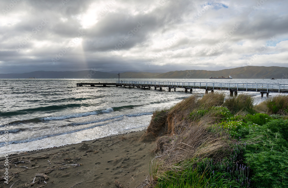 New Zealand, Wellington, the Petone pier reaches out into Wellington Harbour on a gloomy cloudy day