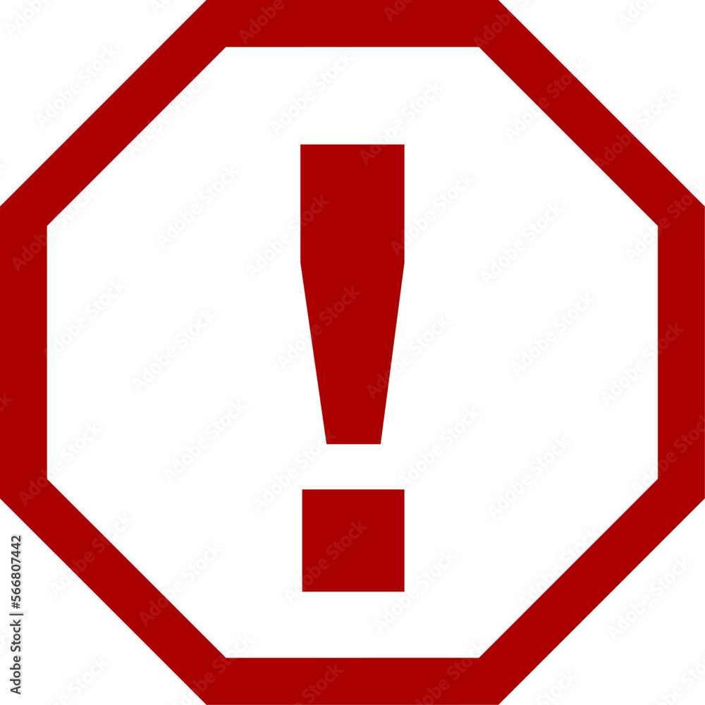 Red Octagonal Danger Warning or Attention Sign with Exclamation Mark