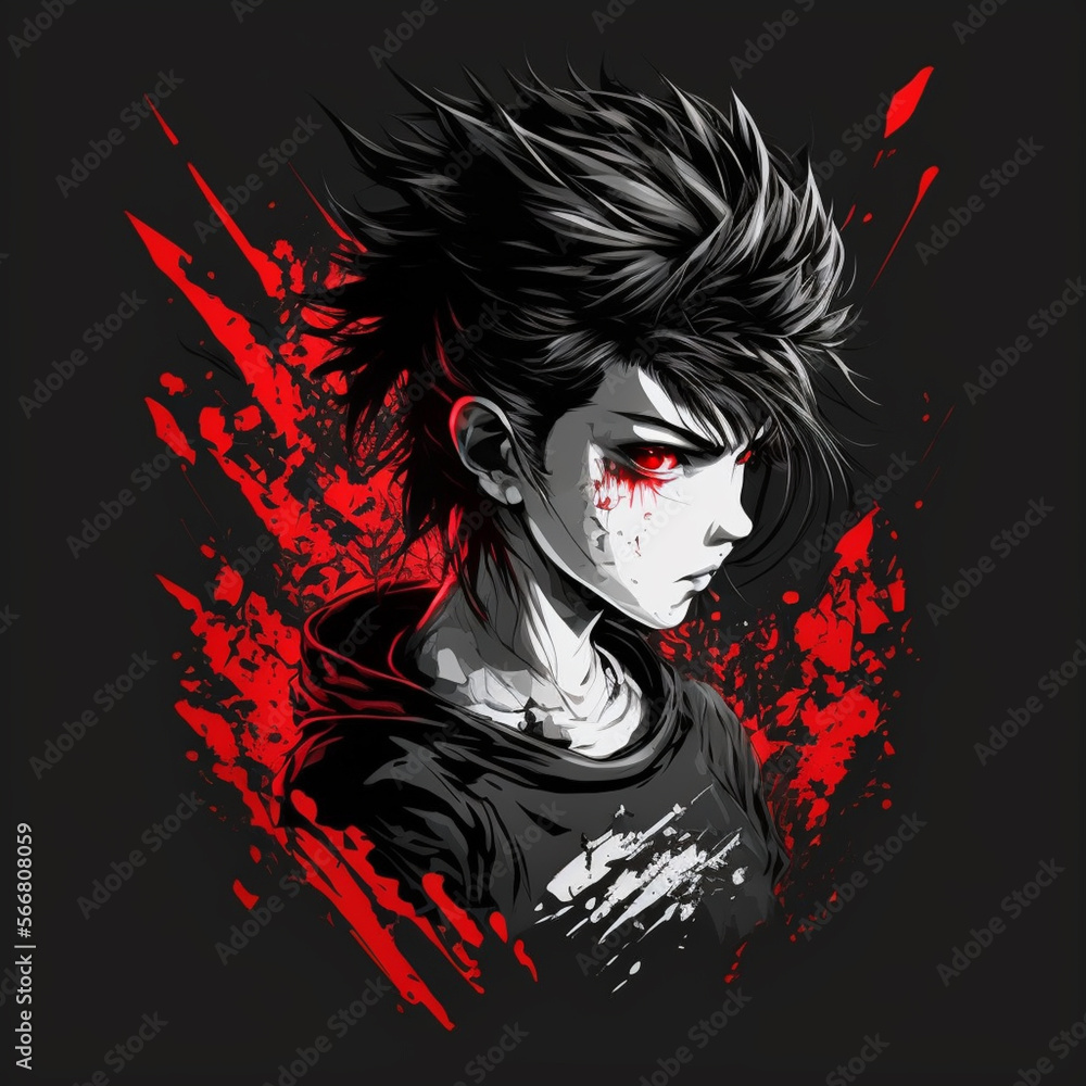 Naklejka premium cartoon boy with red eyes on red black background