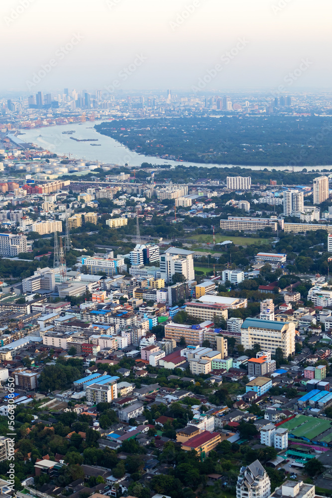 Daytime view of the big city and the green garden in the big city.