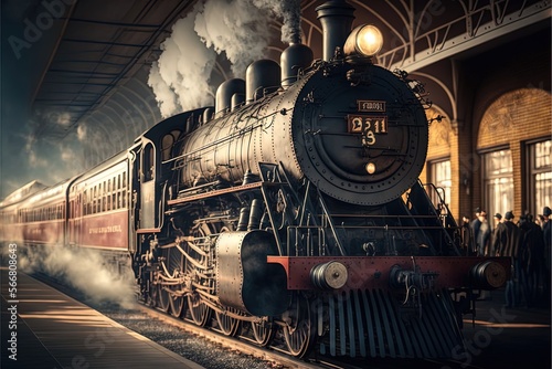  a steam engine train pulling into a train station with people standing on the side of the train and looking at the train on the track.  generative ai