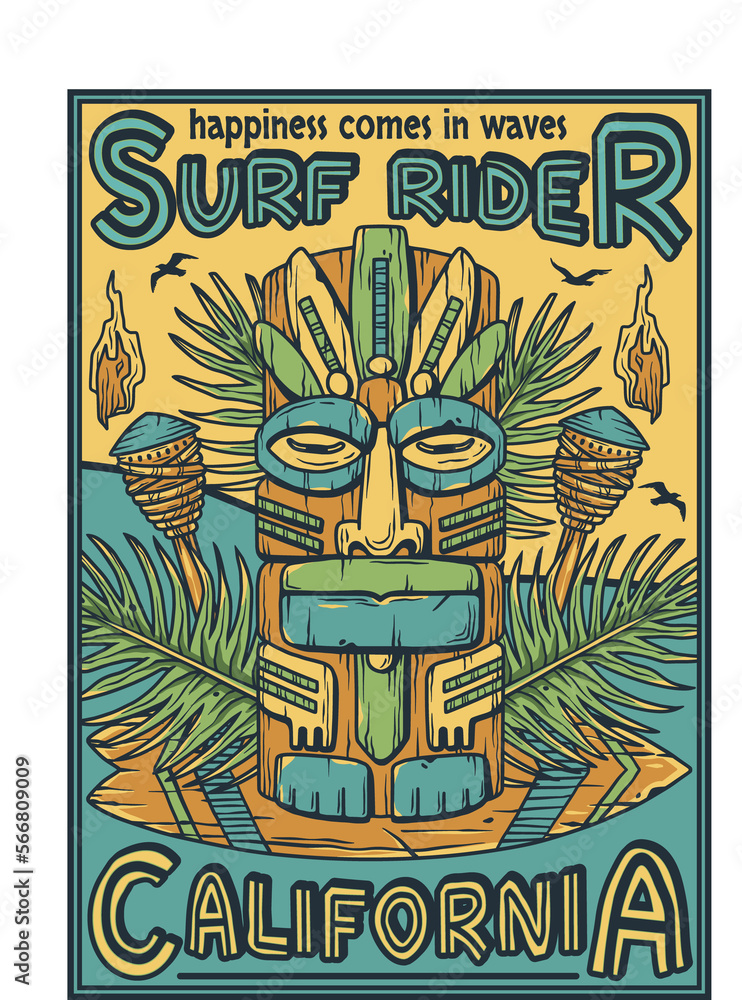 Surf rider tiki mask on californian surfing board. Summer vibes poster