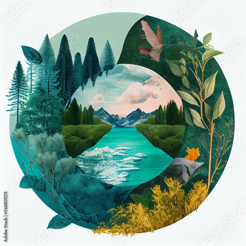 Collage style nature therapy, environmental cycles of life, forest bathing, circles of nature, outdoors fresh air refreshing calming natural woods water land sky wanderlust connect (generative AI, AI)