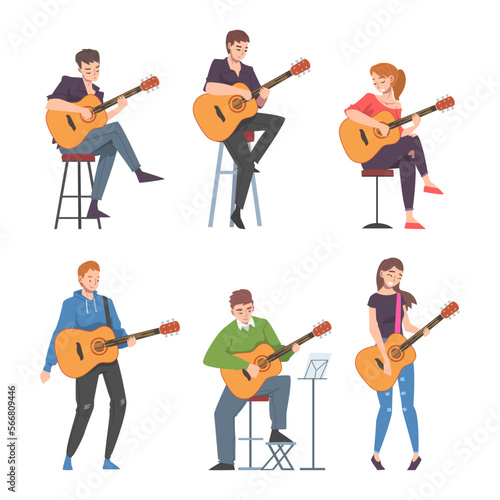 Young Man and Woman Musician Guitarist Character Playing Guitar Performing Street Concert Vector Set