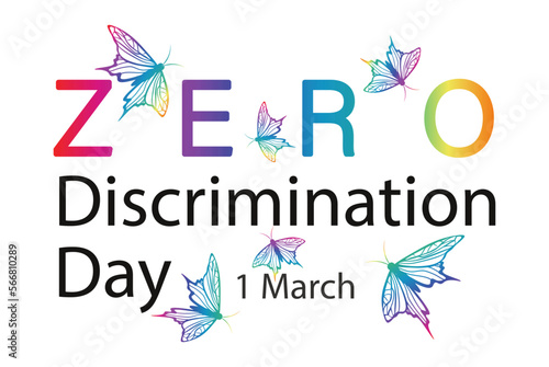 Zero Discrimination day poster with rainbow butterflies. Colorful typography and symbol of date. Horizontal background, banner template. Vector illustration