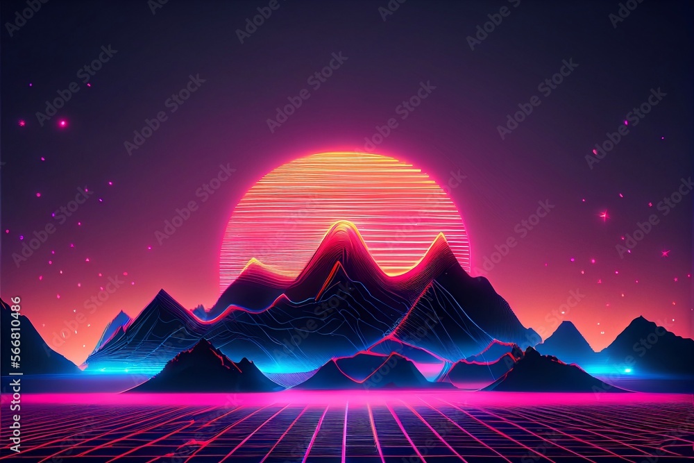 Synthwave with a sun and blue mountains
