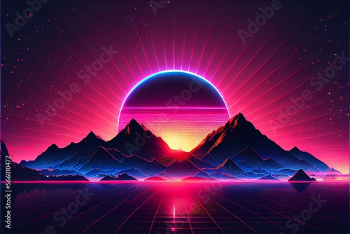 Synthwave Sunset with blue neon mountains