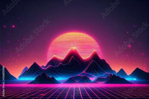 Synthwave with a sun and blue mountains