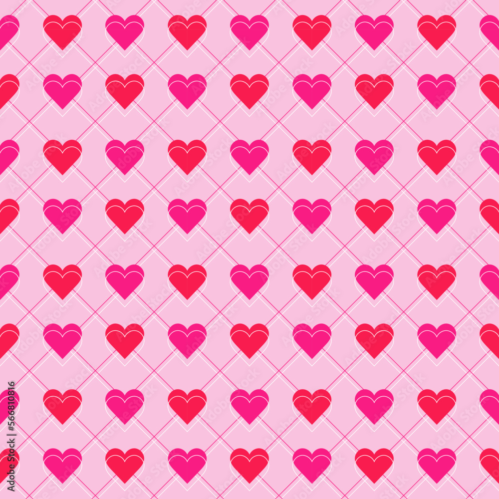 Seamless pattern of hearts on a pink background in retro style. Design for background, wallpaper, fabric, textile, paper, wrapping. Tiled ornament.