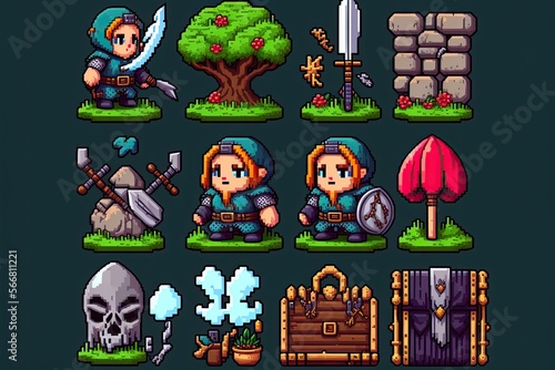 Illustration of indie game assets - 8 bit /16 bit pixel art - Created with Generative AI Technology
