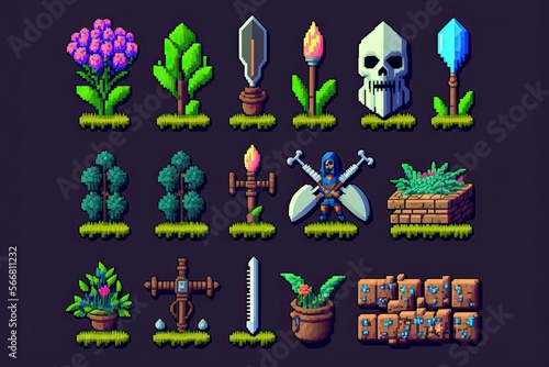 Illustration of indie game assets - 8 bit /16 bit pixel art  - Created with Generative AI Technology