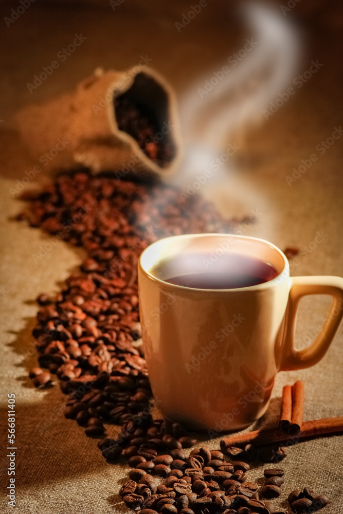 Coffee cup and coffee beans on a wooden table and sack background, Vintage color tone Coffee cup and coffee beans on a wooden table and sack background, Vintage color tone