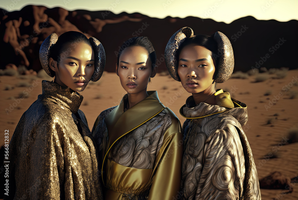Naklejka premium Mid-body portrait generated with AI of three Asian women with fashion style, photographs in a desert