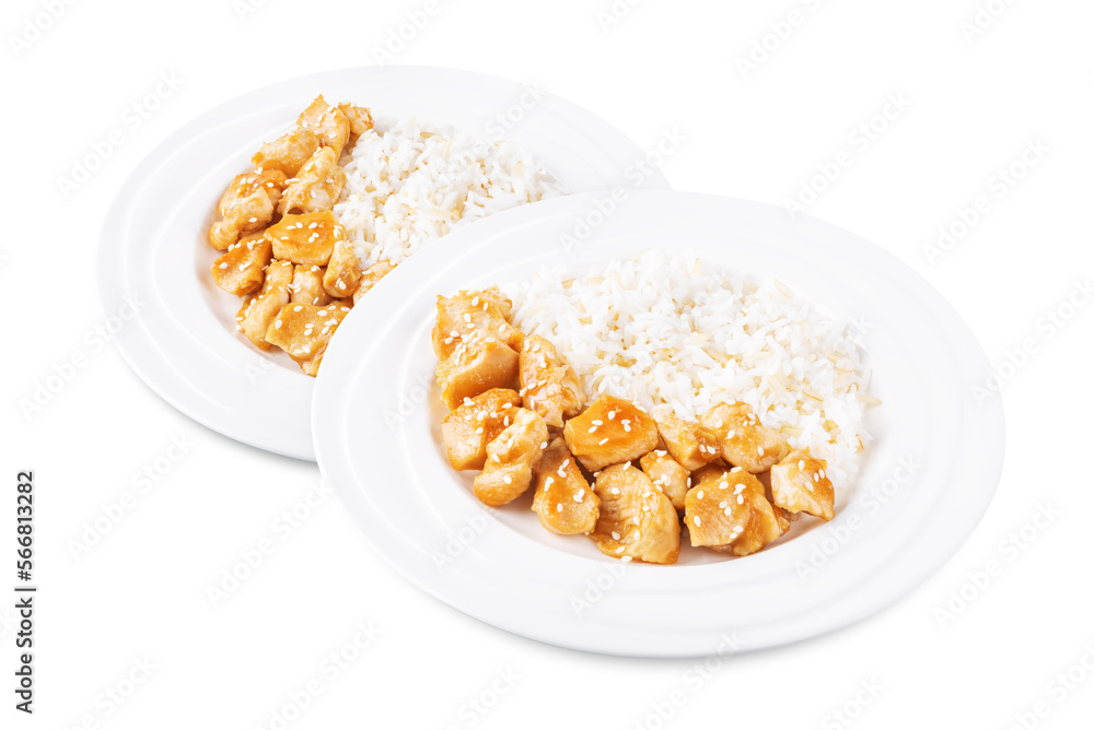 Orange teriyaki chicken with rice in a plate on a white isolated background Orange teriyaki chicken with rice in a plate on a white isolated background