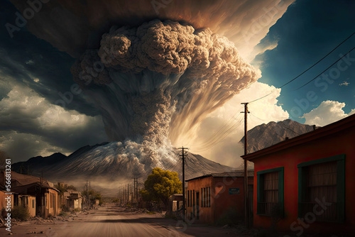Illustration created with artificial intelligence depicting a volcanic eruption near a populated village