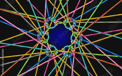 Billede på lærred Collective Unity and Group cohesion concept and teamwork as a business metaphor for joining a team as diverse groups of ropes connected together as a corporate symbol for cooperation