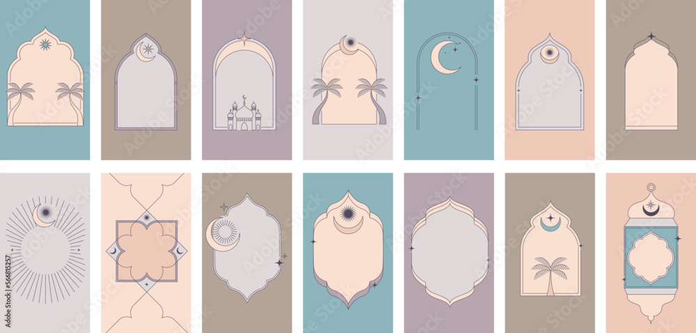 Collection of minimal linear style Islamic windows and arches with modern boho design, moon, mosque dome and lanterns. Minimalistic illustrations Collection of minimal linear style Islamic windows and arches with modern boho design, moon, mosque dome and lanterns. Minimalistic illustrations