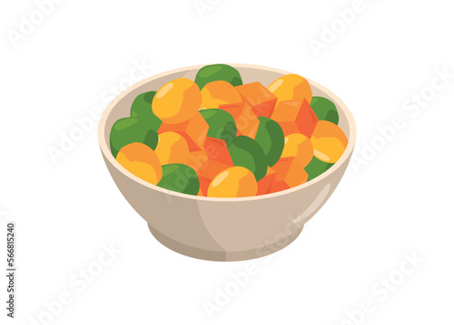 Mix vegetables in a small bowl. Simple flat illustration.