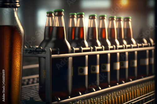 Glass bottles of beer on dark background with sun light. Concept brewery plant production line. Generation AI