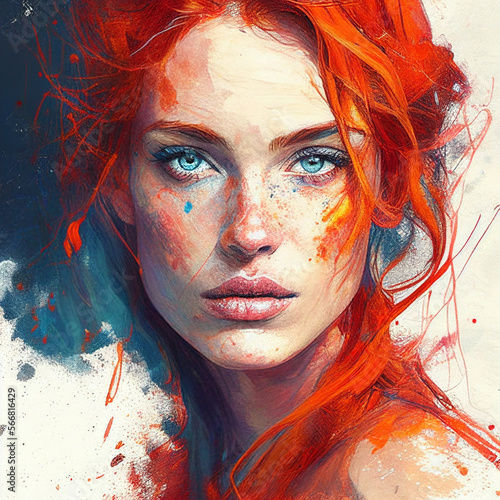 Painting of Beautiful Woman with Red Hair and Stunning blue Eyes Generative AI