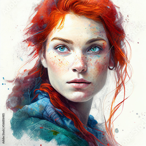 Painting of Beautiful Woman with Red Hair and Stunning blue Eyes Generative AI