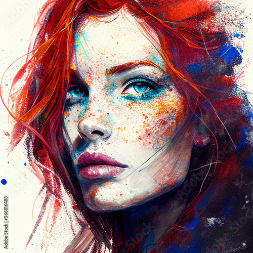 Painting of Beautiful Woman with Red Hair and Stunning blue Eyes Generative AI