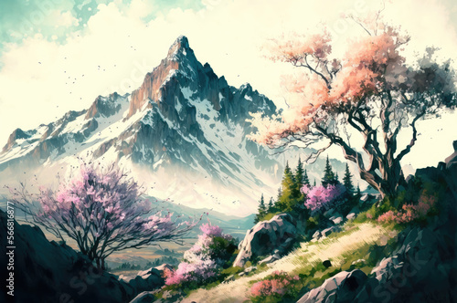 Mountain With Snow Peaks Overlooking Valley With Spring Blossom Tree