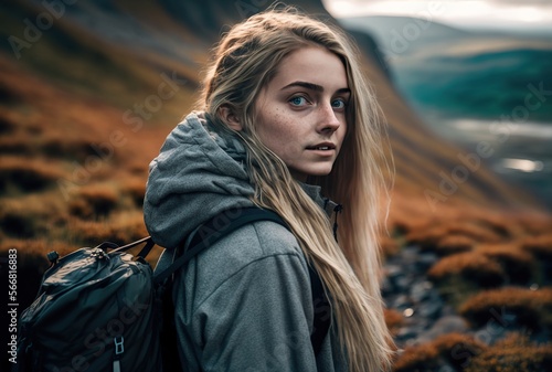 Backpackerin auf Wanderung durch das Gebirge. Junge blonde Frau auf Wanderschaft in der Wildnis mit Rucksack. Weiter Blick in die Ferne. KI generierte Person  photo