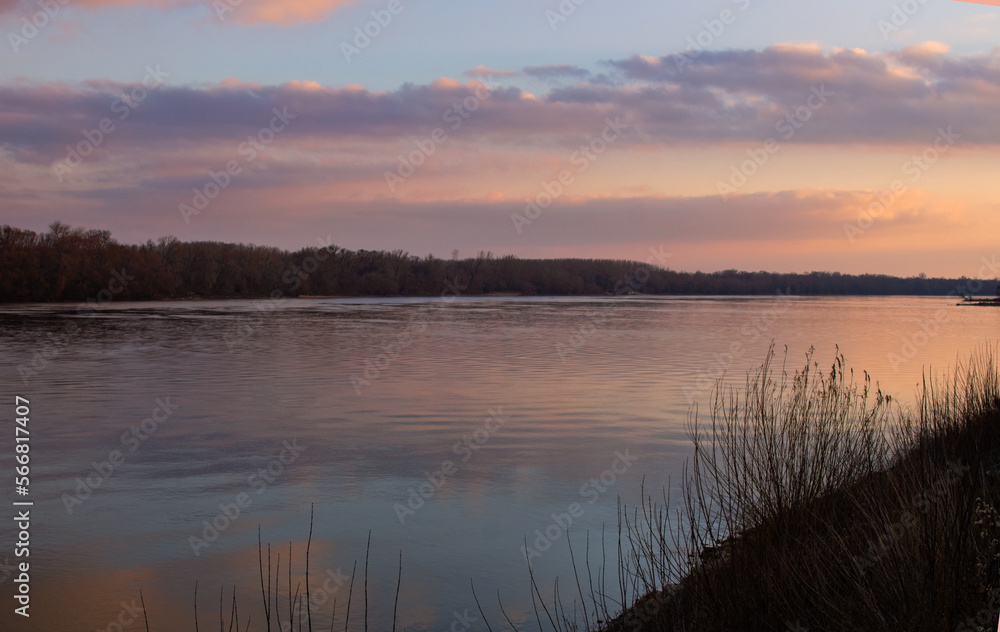 Fototapeta premium Sunrise over the river near Ecser, in Hungary.