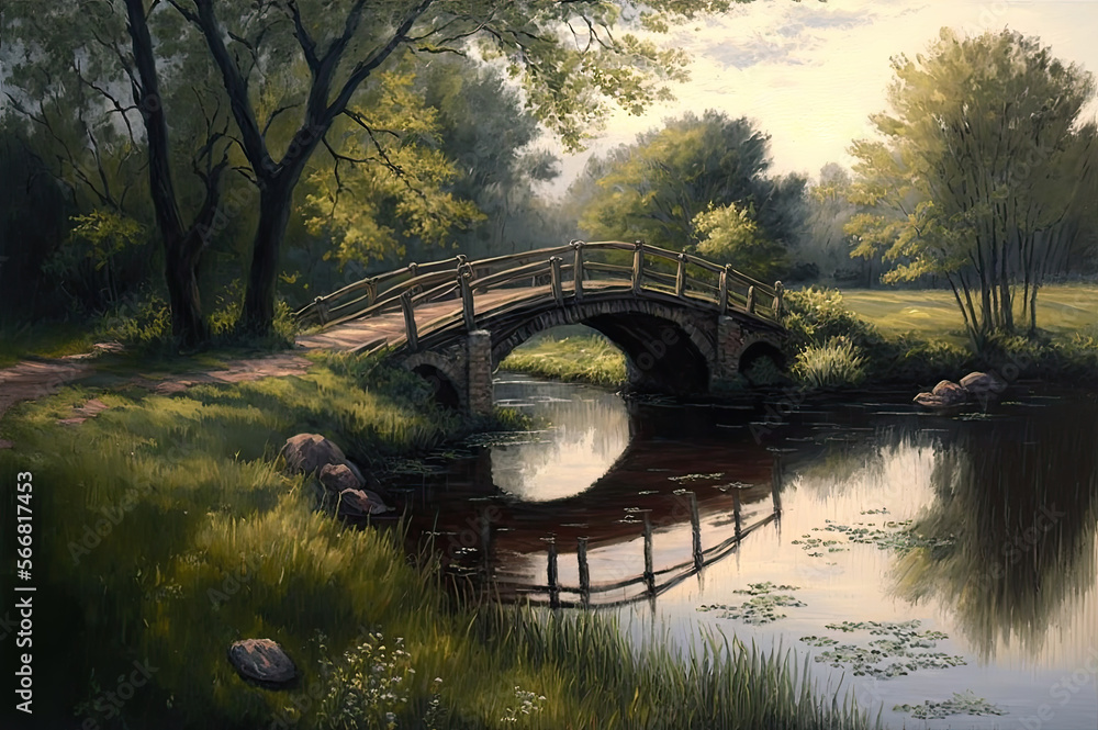 Oil Painting Of An Old Bridge Over A River In The Country