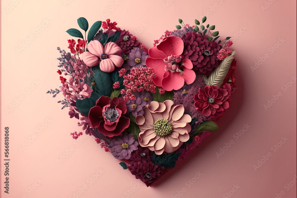 Pink and red flower arrangement in the shape of a heart, pink background Pink and red flower arrangement in the shape of a heart, pink background