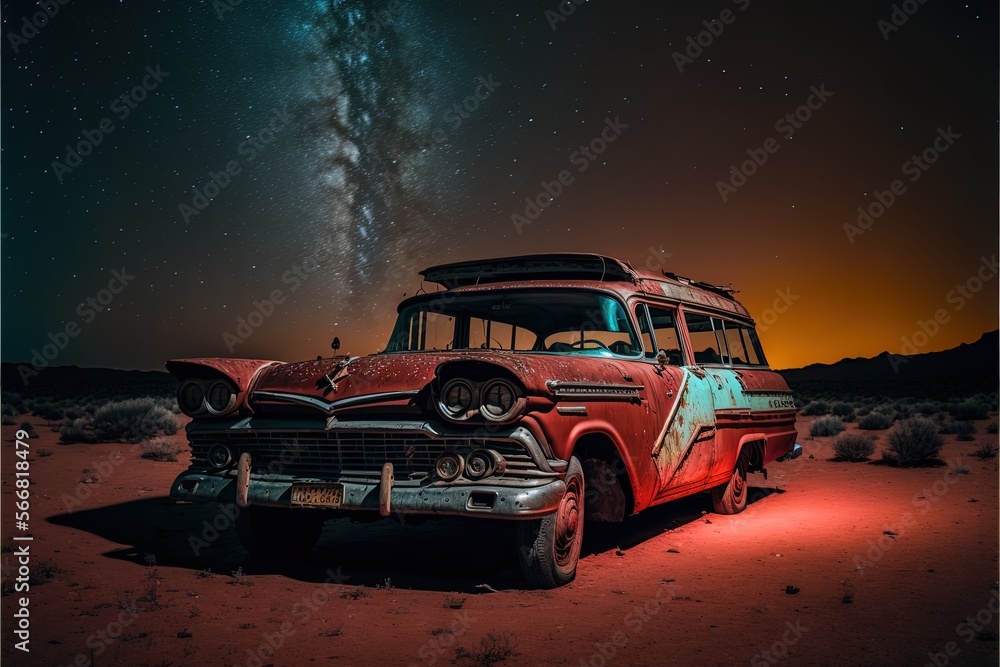 A classic 1958 Ford Courier in the middle of the desert at night, image created with Generative AI technology.