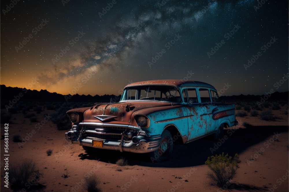 A classic 1950s Chevy in the middle of the desert at night, image created with Generative AI technology. A classic 1950s Chevy in the middle of the desert at night, image created with Generative AI technology.