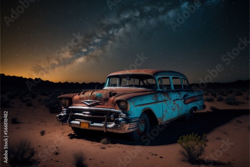 A classic 1950s Chevy in the middle of the desert at night, image created with Generative AI technology.