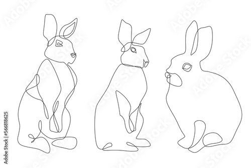 Set of rabbits. Hares. Line art. Rabbit drawn in one line. Wild nature. Easter. Spring. Spring holidays. Hares set. One line. Decor set.
