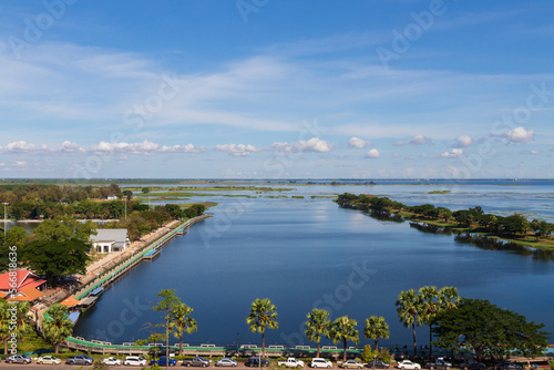 Wallpaper Mural Nong Han Sakon Nakhon View Point High angle. Fresh green trees on the banks of the river and clear sky. Cycling paths on the river and sightseeing jetty. Torontodigital.ca
