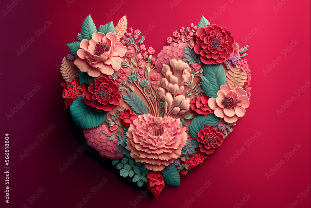 Pink and red flower arrangement in the shape of a heart, pink background Pink and red flower arrangement in the shape of a heart, pink background