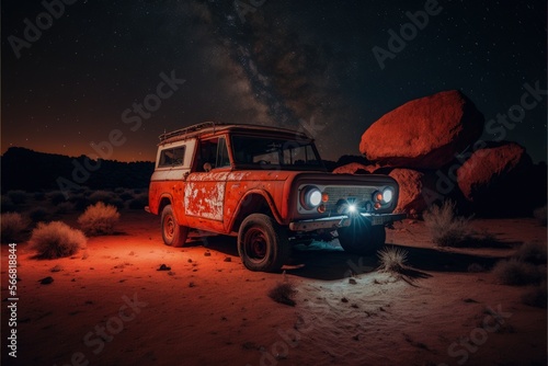 A classic 1972 International Harvester Scout in the middle of the desert at night, image created with Generative AI technology. © Santasombra