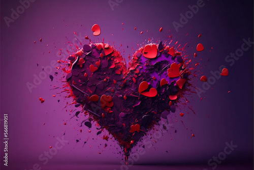 Simple 3d splash in the shape of a heart floating in the air on a purple background, heart shape background